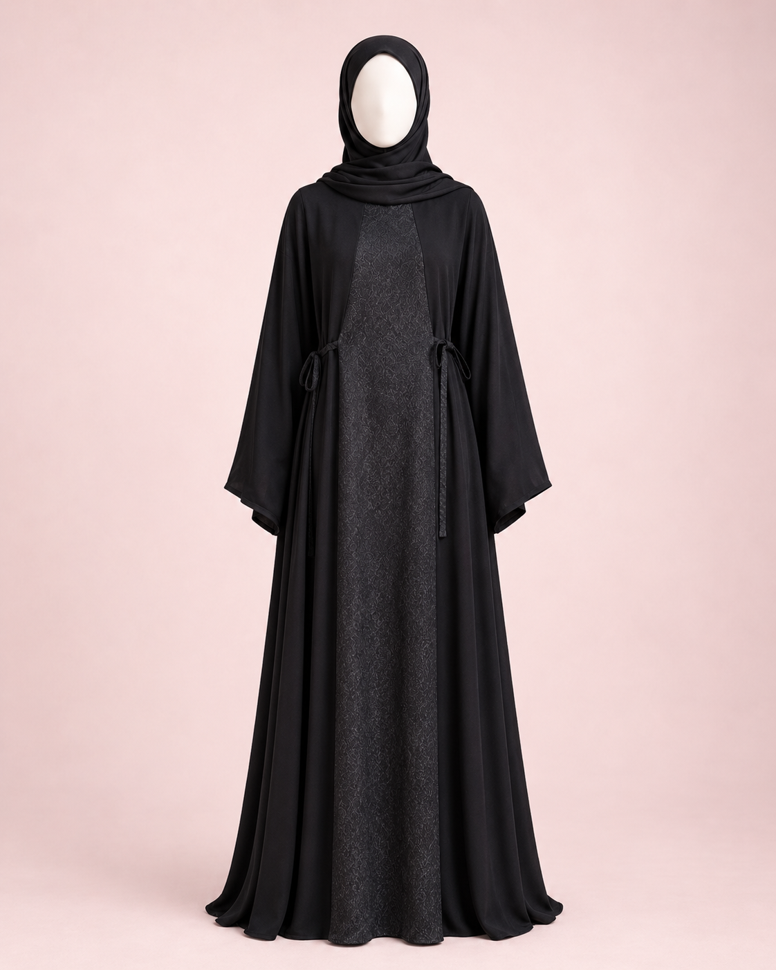 Black Double Flare Abaya with Waist band and Jacquard Pattern