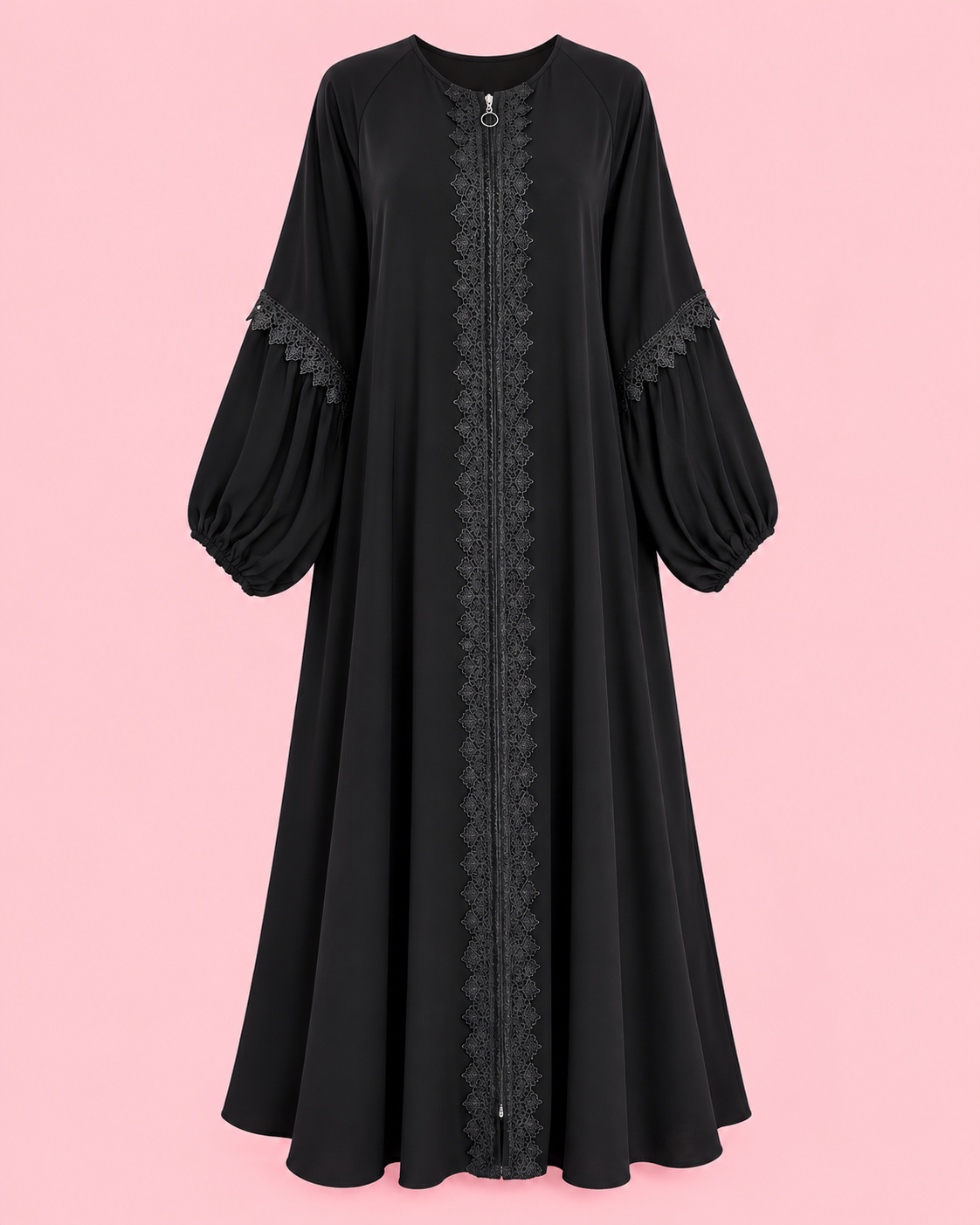 Silk Zipper Double Flare Black abaya with Lace Design
