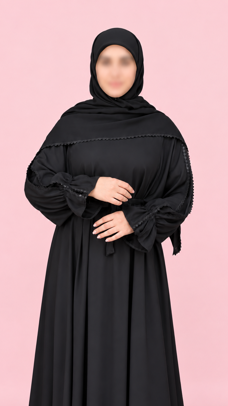 Silk Shoulder Double Flare abaya with Embezzled arms