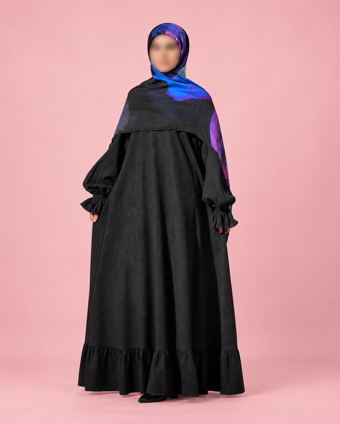 Winter Dress/ Abaya- Black Suede Fabric with Ruffled Ends