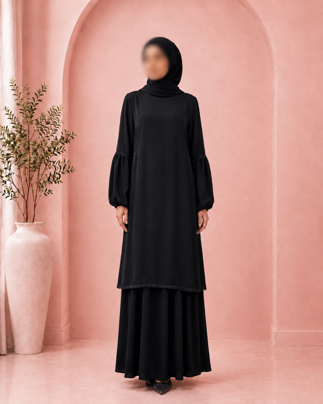 Black Silk Two-layer Abaya with Dantelle trim