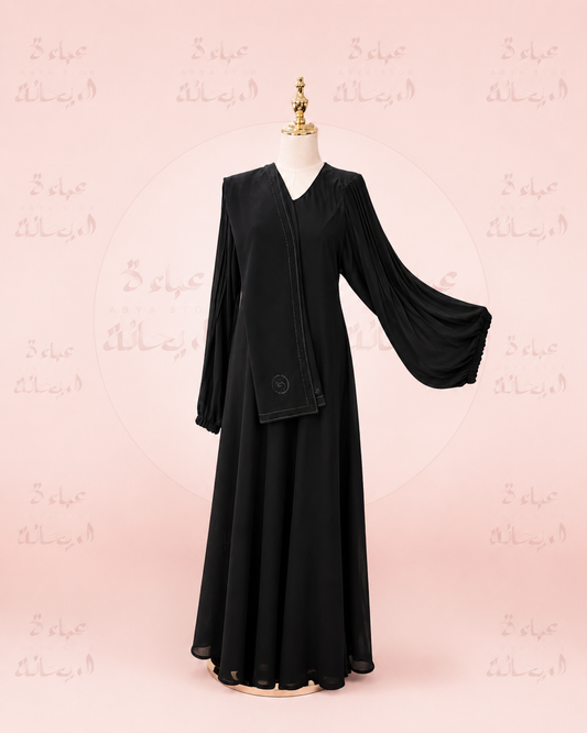 Black Silk Double Flare abaya- Pleated Sleeves