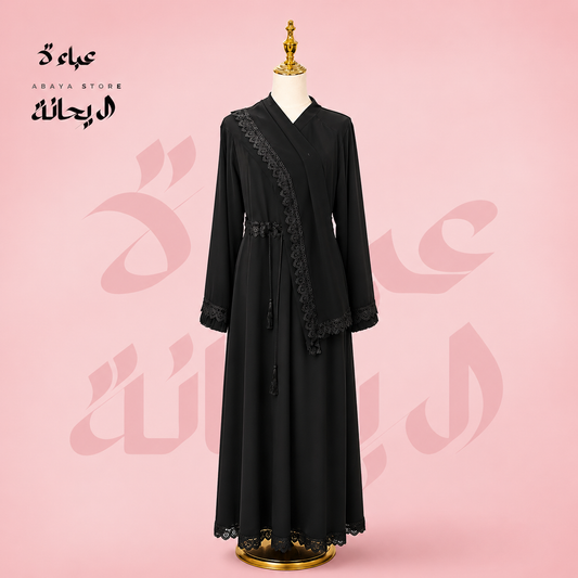 Black Silk Abaya with Sewn-In Adjustable Waist Strap, with optional matching Esharp