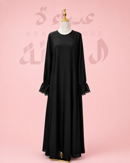 Black Silk Abaya Double Flare with Dantelle Sleeves