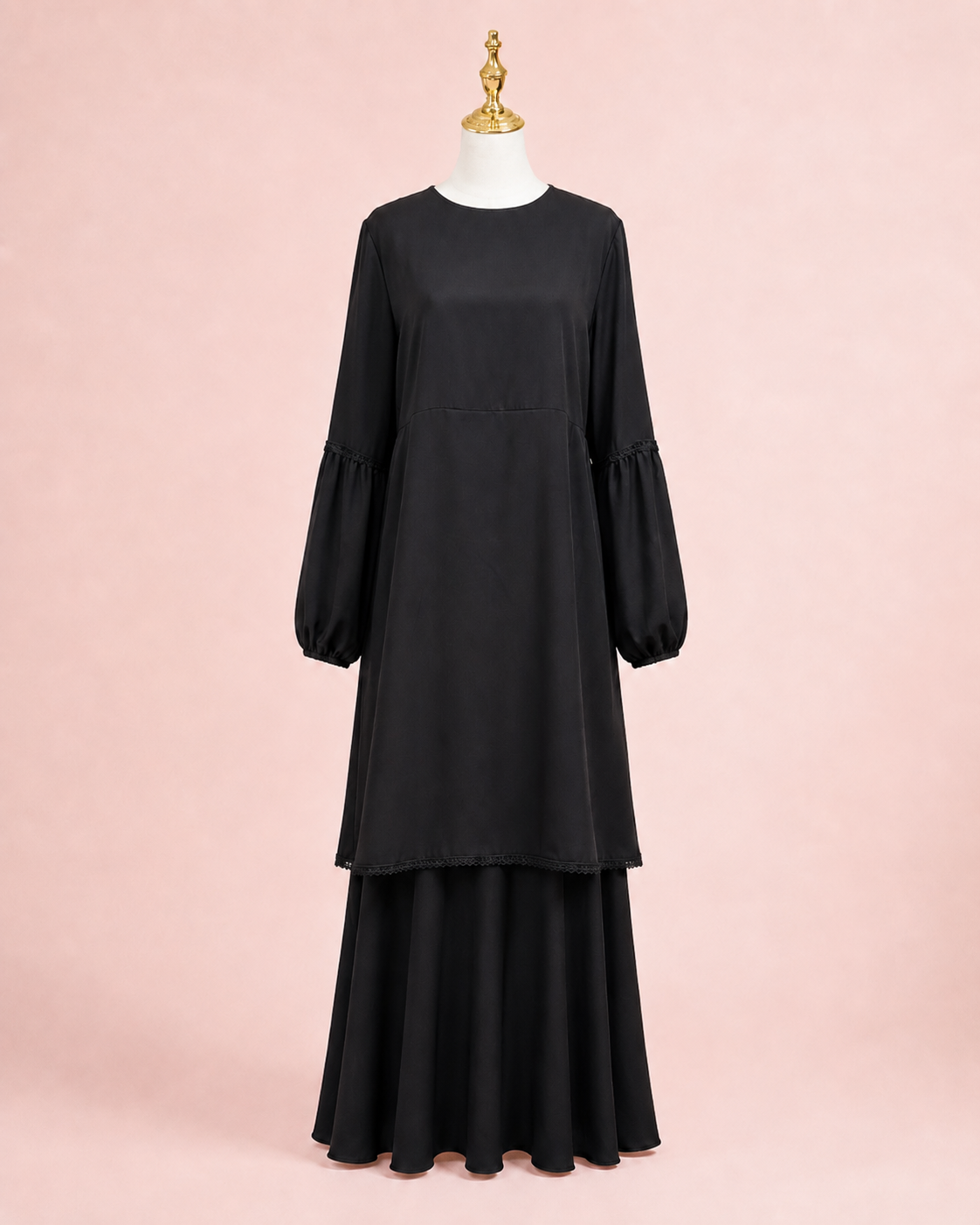 Black Silk Two-layer Abaya with Dantelle trim