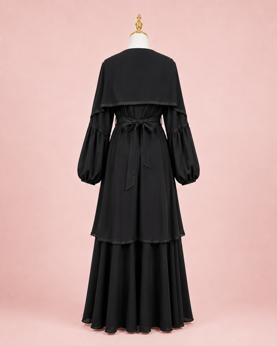 Black Silk Two-layer Abaya with Dantelle trim