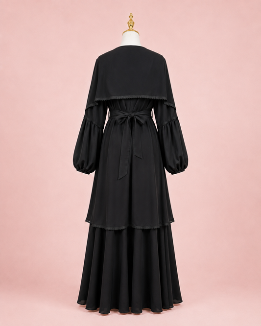 Black Silk Two-layer Abaya with Dantelle trim