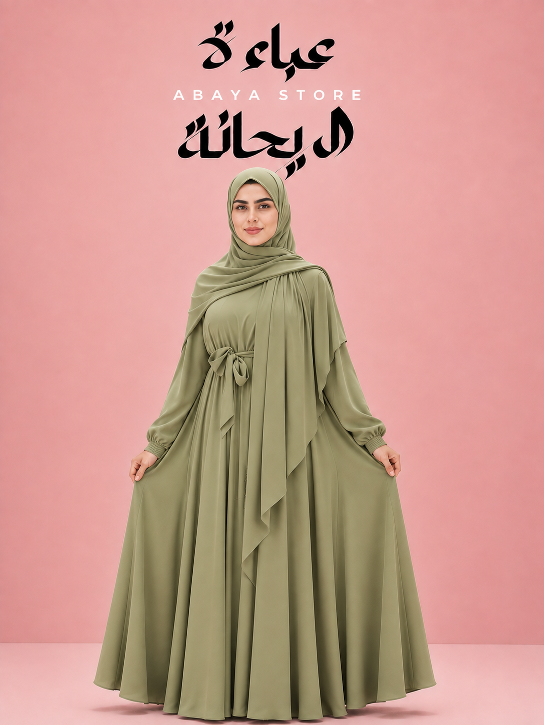 Silk Double Flare Abaya- Olive Green