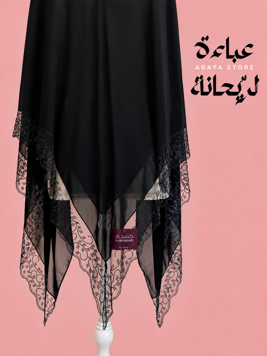 Kashkha- Black Soft Crepe Esharp with Embezzled Lace- Floral and Dotted Design