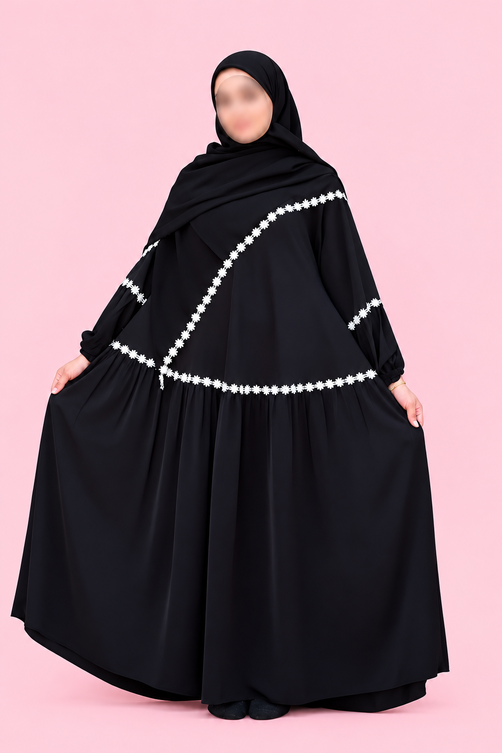 Black Shoulder Abaya with White Floral Dantelle