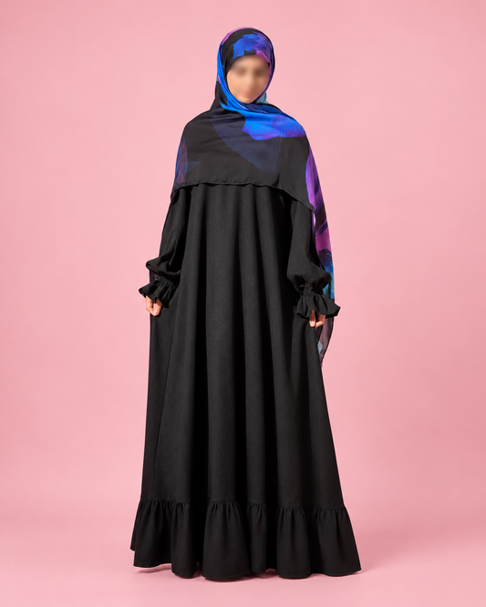 Winter Dress/ Abaya- Black Suede Fabric with Ruffled Ends