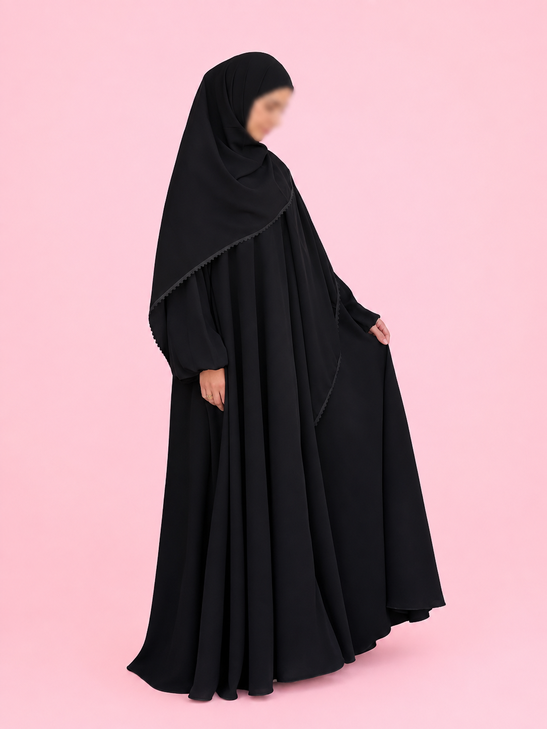 Black Double Flare Zipper Abaya- Crepe
