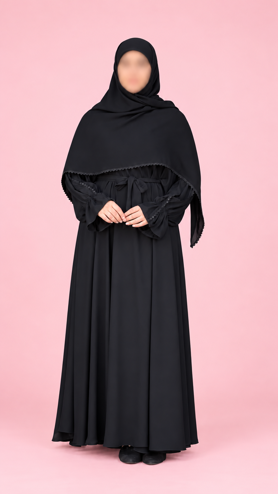 Silk Shoulder Double Flare abaya with Embezzled arms