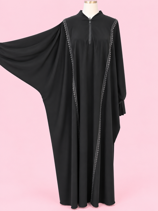 Butterfly Abaya with Elongated Lace Design- Crepe Material