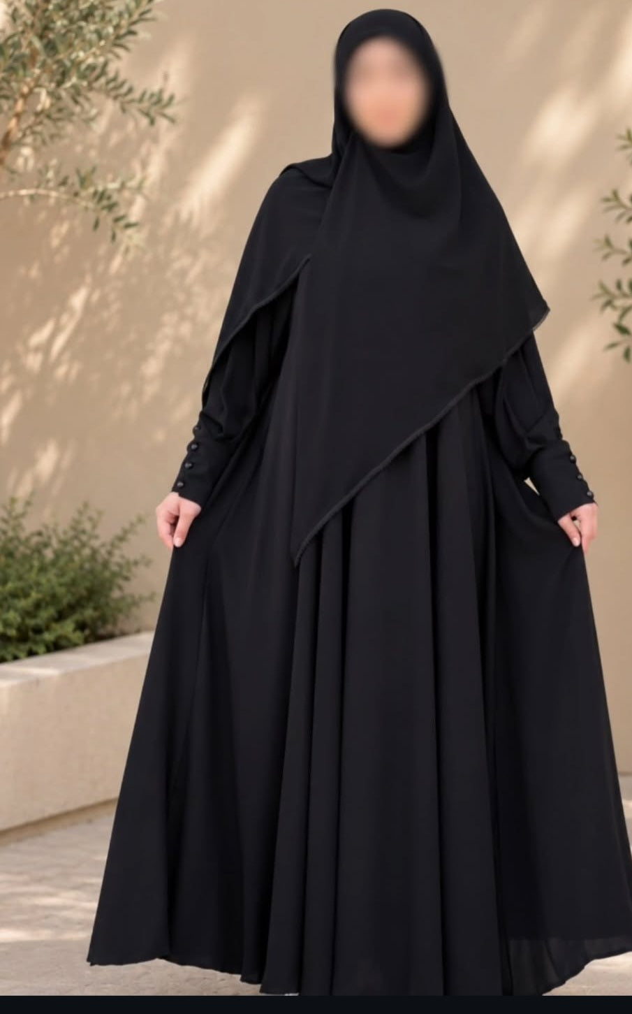 Black Silk Double Flare Abaya with Buttons on cuff